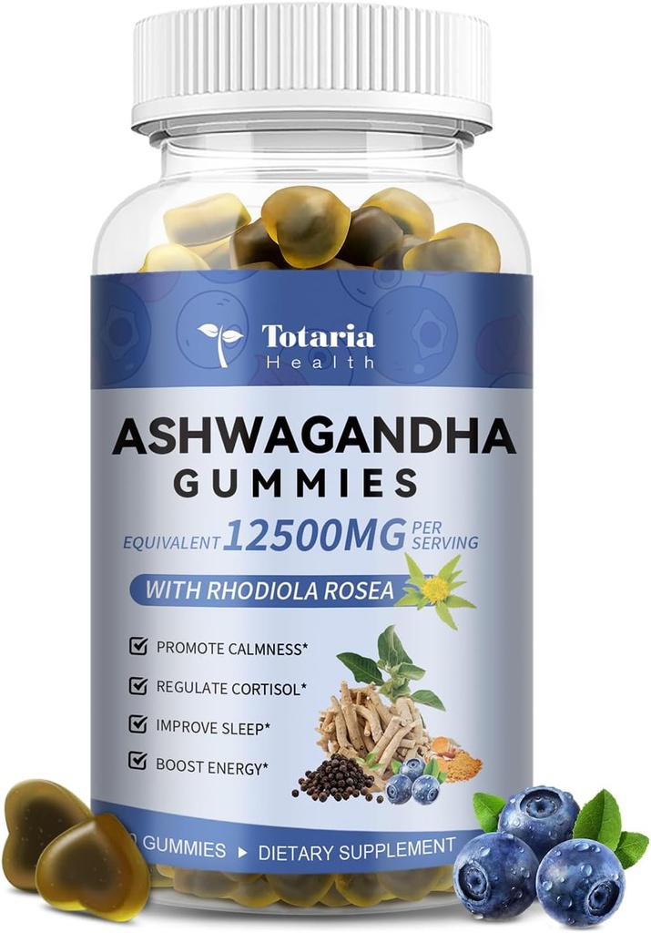 Totaria Sugar Free Ashwagandha Filled Gummies w/Vitamin D3, Magnesium Glycinate, Rhodiola, Ultra Strength Ashwa Root Supplements für Damen & Wen, für Entspannung, Energie, Cortisol Gummies