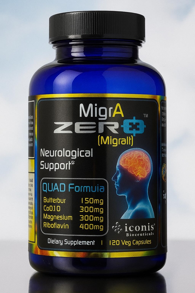 Soulagement de la migraine, Quad-Formula avec beurre sans PA (150mg), CoQ10 (300mg), Glycinat de magnésium (300mg), Riboflavine à os élevé (400mg) - MigrA Zero (120caps) Posologie optimale pour les patients atteints de migraine
