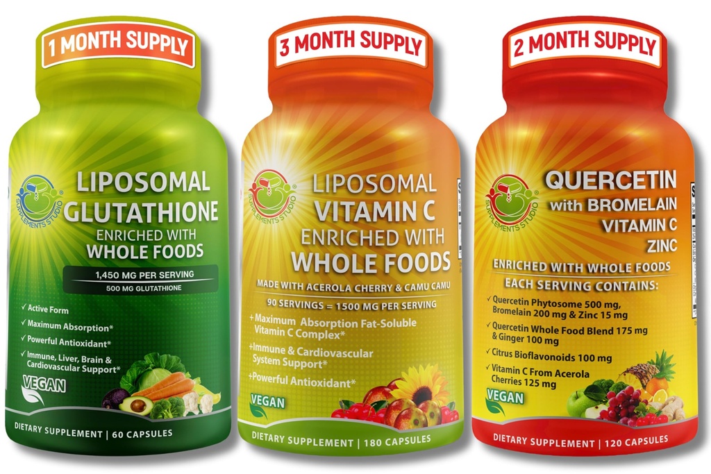 SUPPLEMENTS STUDIO High Absorption Antioxidans & Immun Support Bundle – Liposomas Vitamin C 1500mg + Glutathione 500mg + Quercetin mit Bromelain, Zink & Ganzes Nahrungsgemisch – Vegan, Non-GMO Kapseln