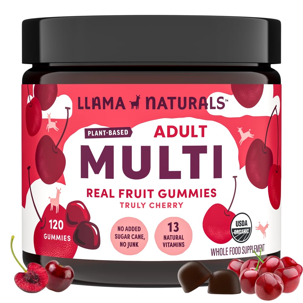 Llama Naturals Multivitamin für Frauen und Männer, Vegan, Bio-Gummien mit Vitamin D, C und K, Erwachsene echte Frucht-Gummi-Vitamine, Kaubare Multivitamin-Ergänzung, keine hinzugefügt Zuckerrohr, Kirsche, 120 Ct