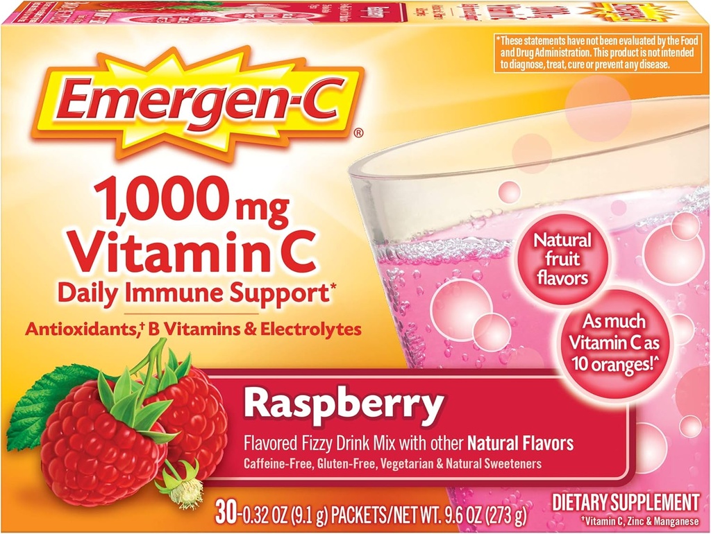 Emergen-C 1000mg Vitamin C Pulver, mit Antioxidantien, B Vitamine und Elektrolyte, Immunität Ergänzungen für Immununterstützung, Koffein Kostenlose Fizzy Drink Mix, Himbeer Flavor - 30 Count/1 Monat Versorgung