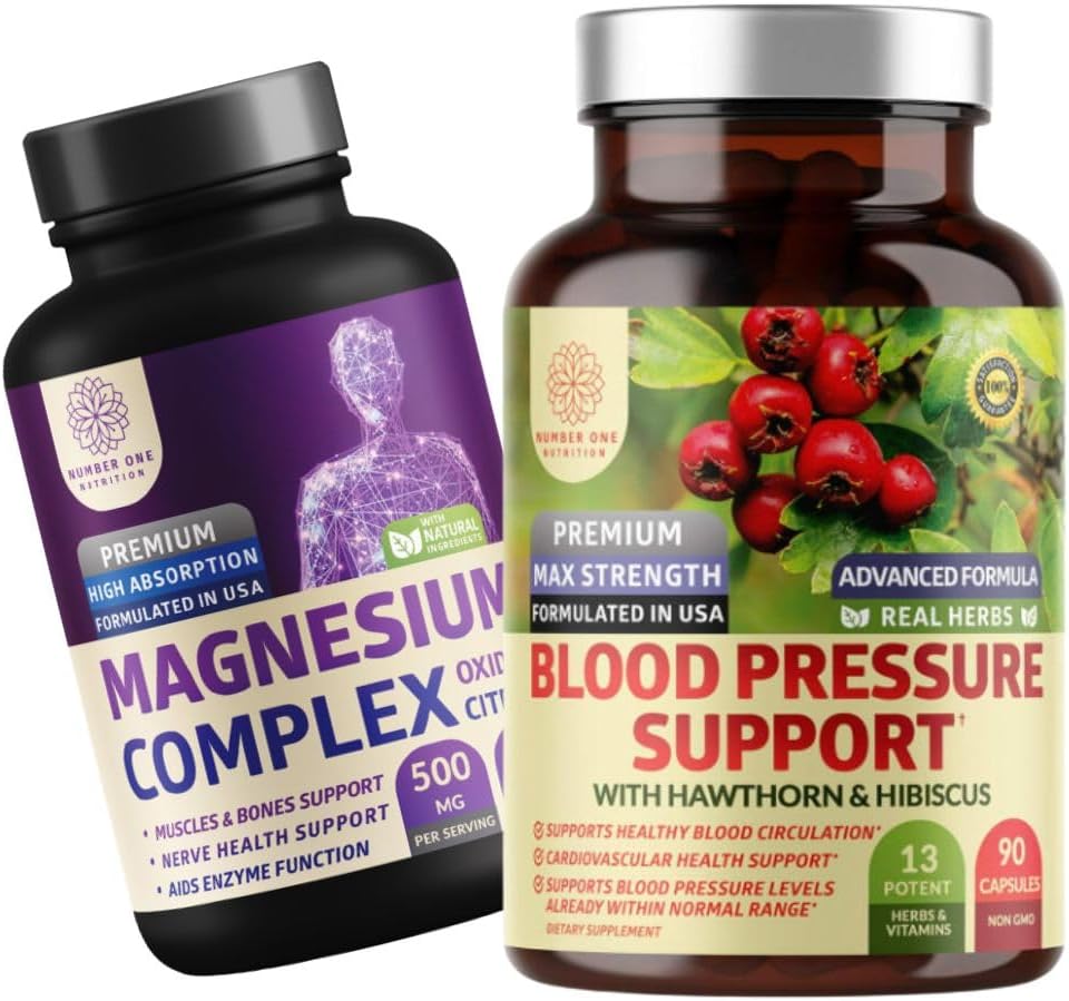 No One Nutrition N1N Premium Blood Pressure Support [13 Potent Ingredients] avec Hawthorn et Hibiscus, et Magnésium Complex [500mg High Absorption], 2 Pack Bundle