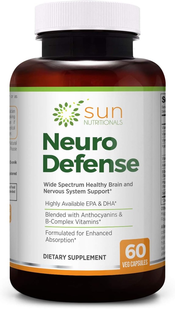 Neuro Defense mit Omega-3 Fettsäuren EPA & DHA, Anthocyane aus Bilberry Extract, B-Komplexe Vitamine, Vitamine C & D3, Phosphatidylcholin, 60 VCaps, Non-GMO, Glutenfrei