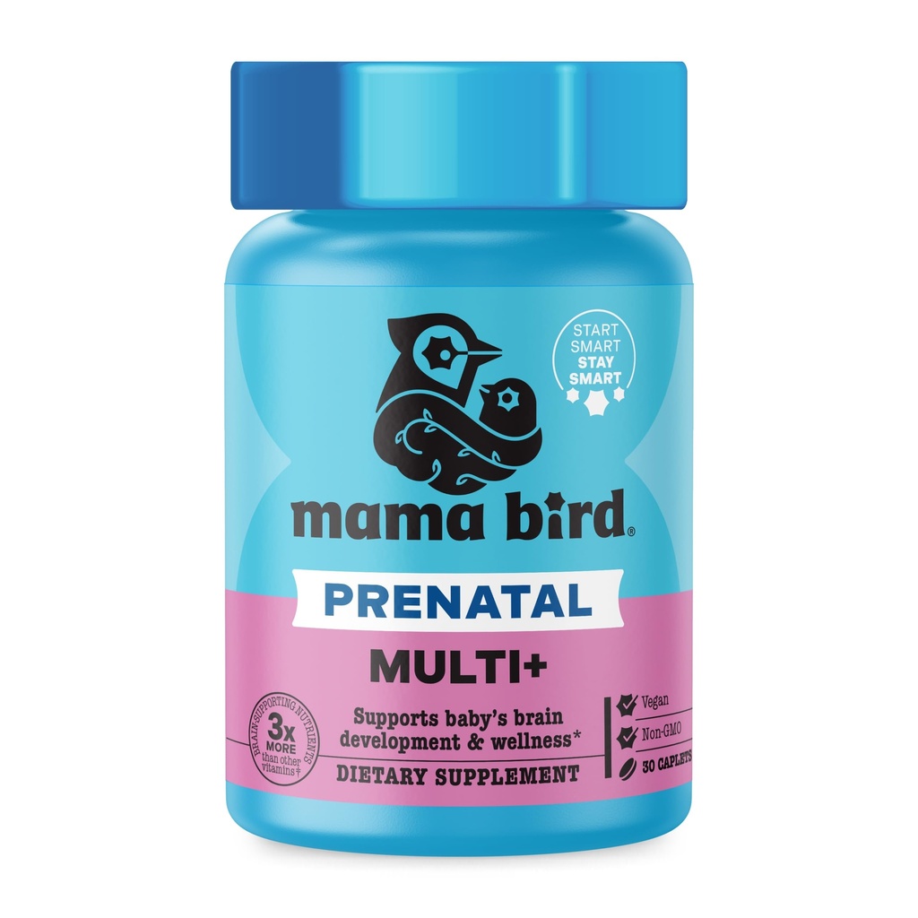 Best Nest Wellness Mama Bird Prenatal Multi Plus - Supplément de soins prénatals soutient la santé cérébrale et digestive - Multivitamine végane avec L-méthylfolate, probiotiques et plus - 30 Caplets (30 portions)