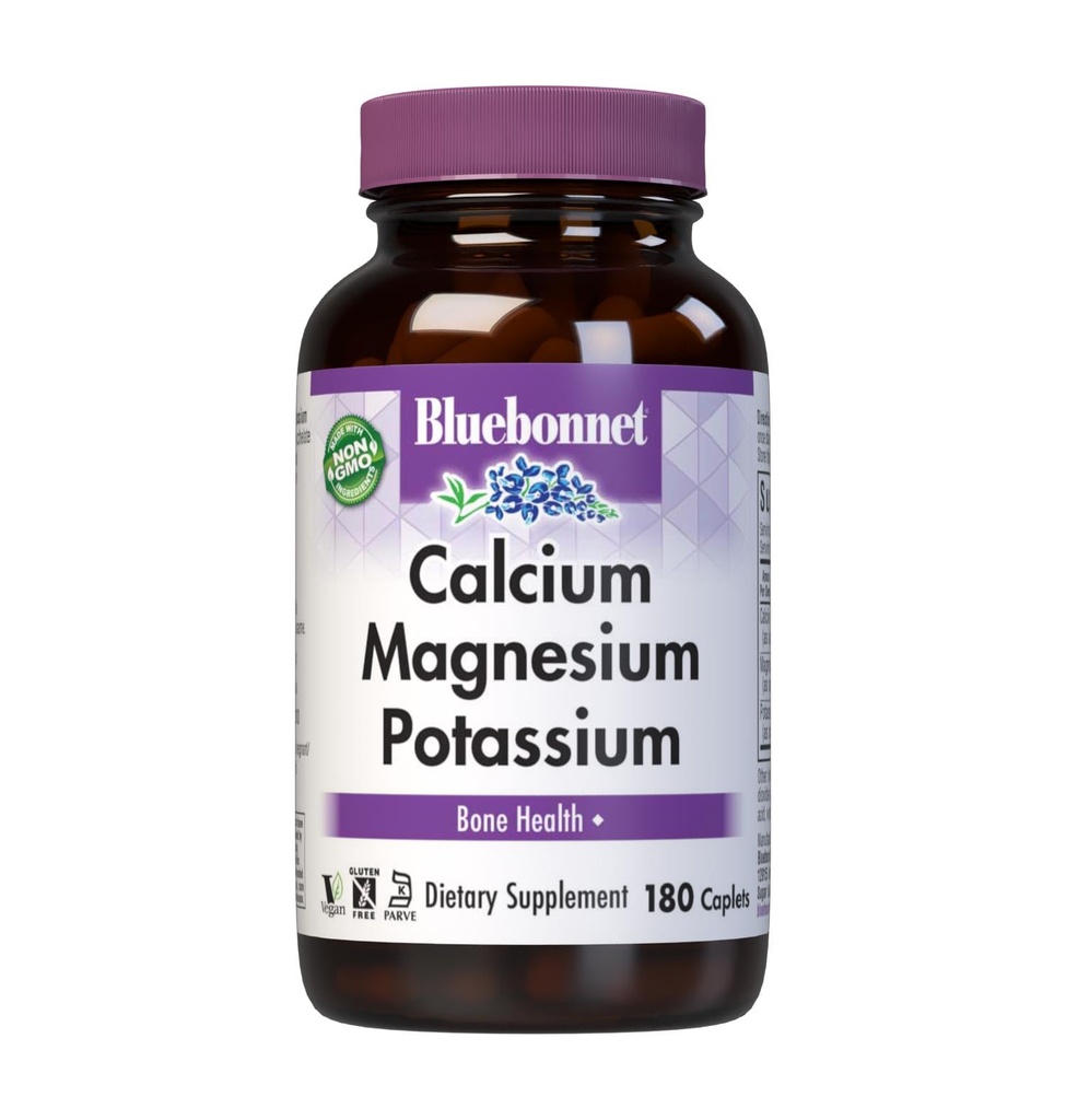 Bluebonnet Calcium Magnesium Kalium Supplement für Damen und Herren - Unterstützt gesunde Knochen - Calcium 1000mg Mineralergänzung Chelate Form - Non-GMO, Vegan, Glutenfrei - 180 Caplets