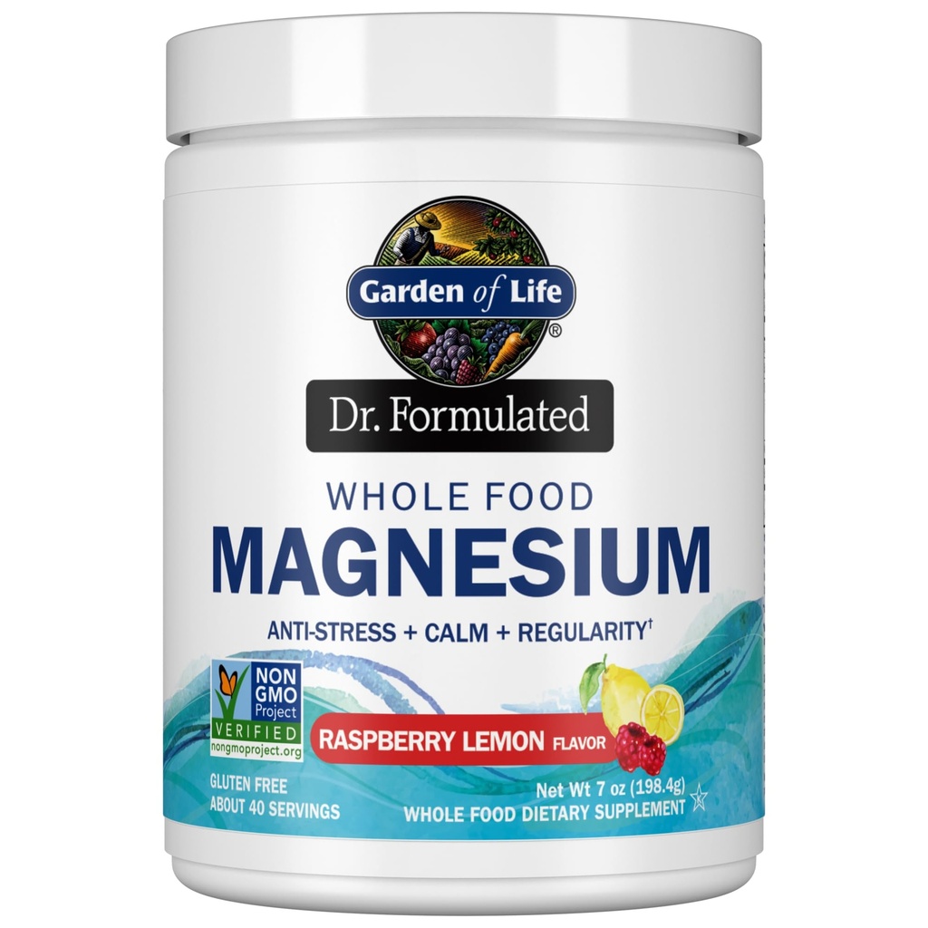 Jardin de la vie aliments entiers Poudre de magnésium, citron framboise - Vegan, gluten et sucre sans supplément avec probiotiques pour calme et régularité