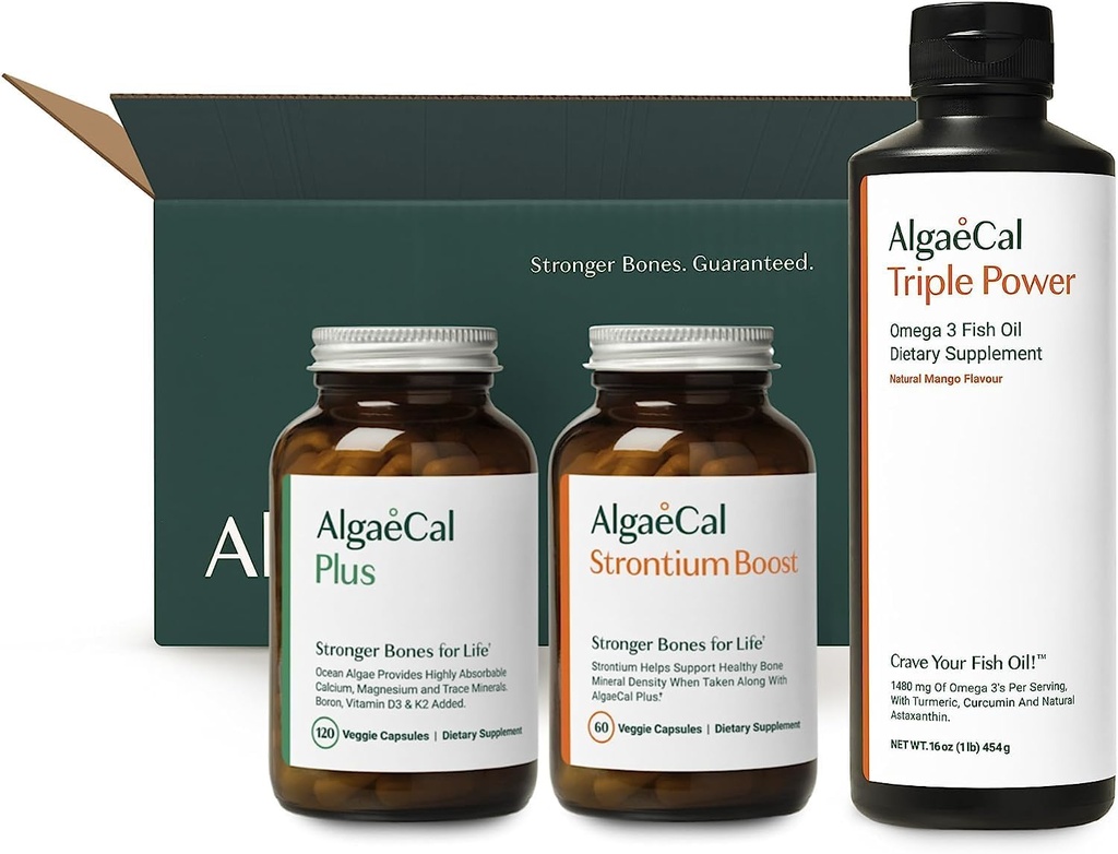 ALGAECAL Welcome Kit - Bone Builder Pack, Pflanzenbasierte Kalziumergänzung & Strontium, 16 Nährstoffe für Knochen Gesundheit + EPA & DHA Omega 3 Fischöl, Unterstützung Gehirn, Herz, Haut & Knochen, Made in USA