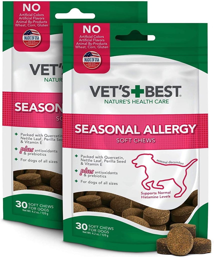 Vet's best Seasonal Allergy Soft Chew Dog Supplements | Beruhigt Hunde Haut Irritation Durch Saisonale Allergien | Pflege Histamin Levels | 50 Kautabletten, 30 Count (Pack von 2)