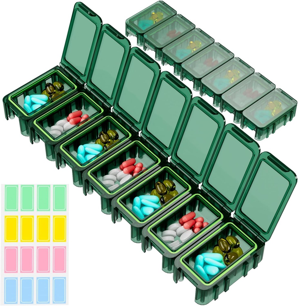 Restree Weekly Pill Organizer, 7 Fächer Tragbare Pille Box Einmal täglich, Moisture-Proof Travel Pill Case, Pill Storage Box für Vitamin, Medizin, Fish Oil/Supplements (Green)