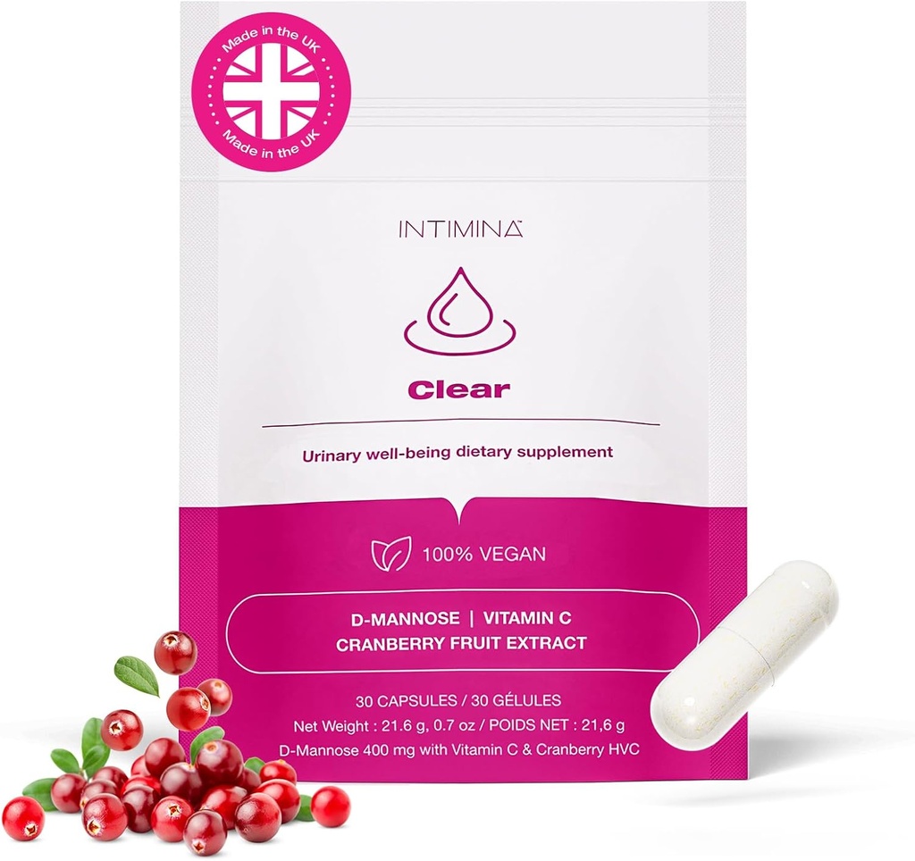 INTIMINA Clear - Suppléments pour la santé urinaire des femmes avec extrait de canneberge, D-mannose et vitamine C pour la prévention de l'ITU et le bien-être de la vésicule, supplément de contrôle de la vésicule, soutien de la vésicule pour les femmes