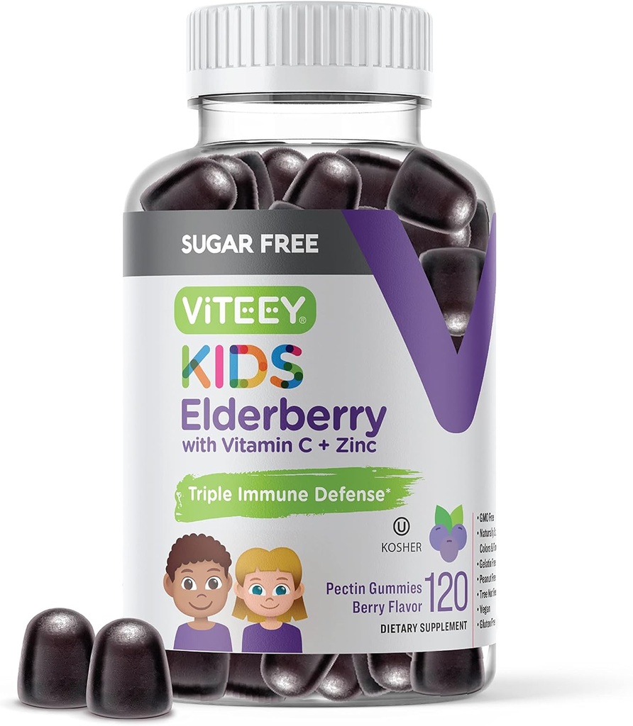Viteey Sambucus Gommies de mûre aînée pour les enfants - Sans sucre - Suppléments de soutien immunitaire avec vitamine C et zinc, [3-1 Immune Booster] Vegan, Sans gélatine, Sans gluten - Saveur de baies croustillantes savoureux