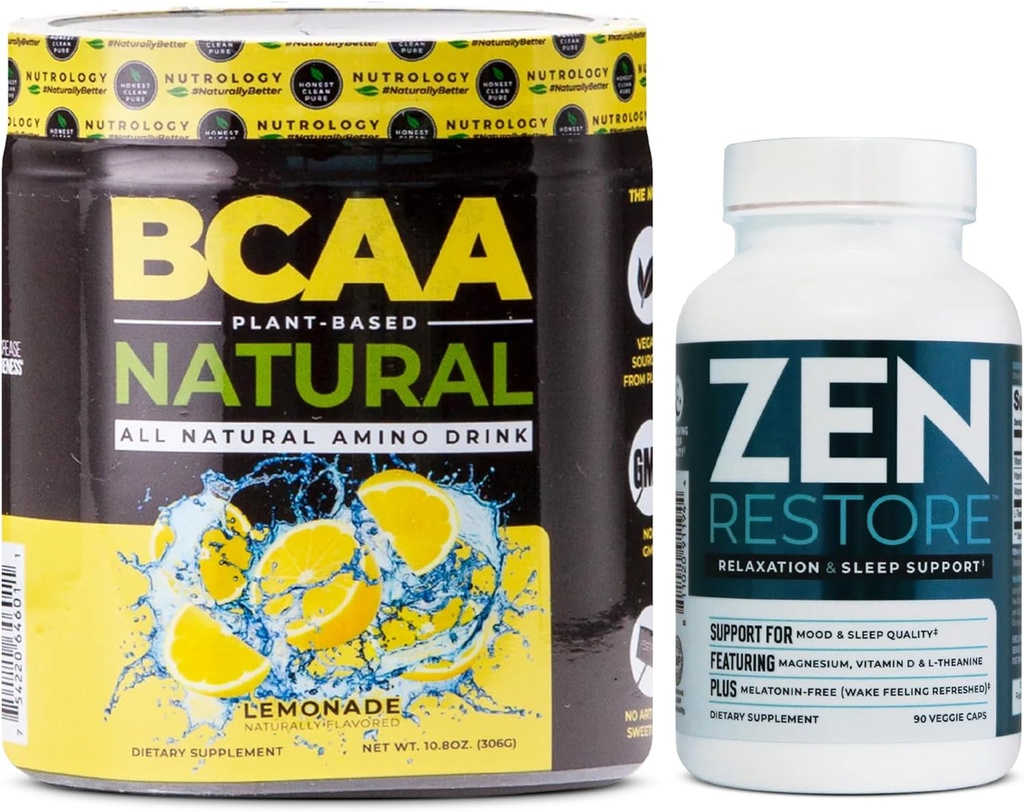 Nutrologie Zen Natural Magnesium Supplement (30 Servierungen) & Nutrologie BCAA Natürlich, Pflanzenbasierte BCAA Pulver, Lemonade Flavor (30 Servierungen)