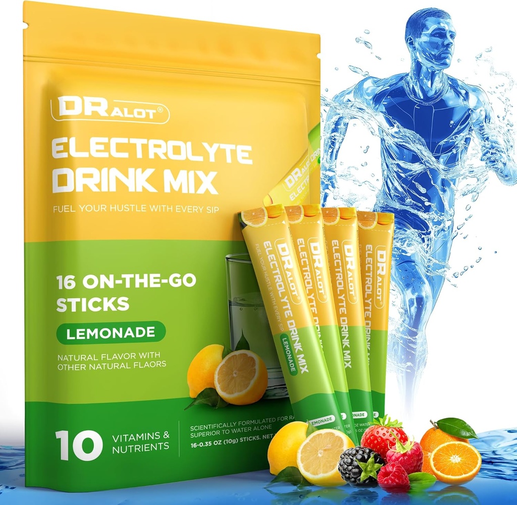 Zuckerfreie Elektrolyte Pulver mit natürlichen Aromen, 3X Schnelle Hydration Packets mit 10 Elektrolyten & Vitamine, Flüssiger Tag IV, Non-GMO, Glutenfrei, Keto, Vegan, 16 Sticks, Zitronen