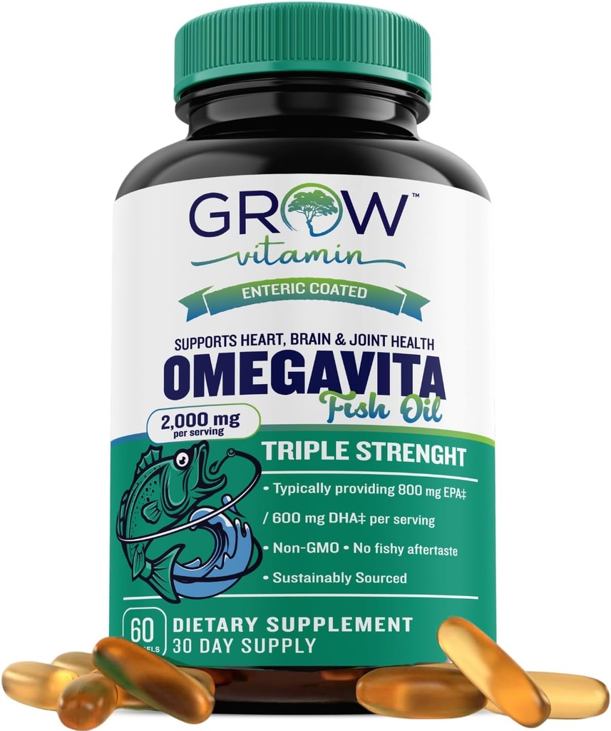 Vitamin OmegaVita Fischöl wachsen : 800 mg EPA 600 mg DHA Omega 3 Nahrungsergänzungsmittel für Herz, Gehirn und Immununterstützung, Absorbierbare Triple Strength Fish Oil Supplement - 2000 mg Per Serving, 30 Tage Versorgung