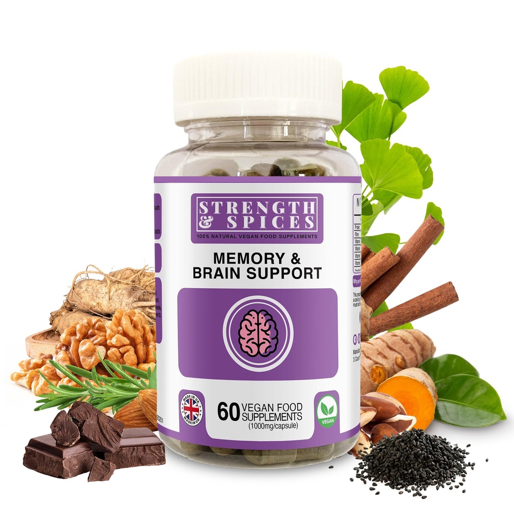 Stärke & Spices Memory Booster und Fokus Supplement mit Ginkgo Biloba und 22 Super Zutaten, Pflanzenbasierte Gehirn Ergänzung für Gedächtnis, Klarheit und Alertness, 1000mg, 60 Kapseln
