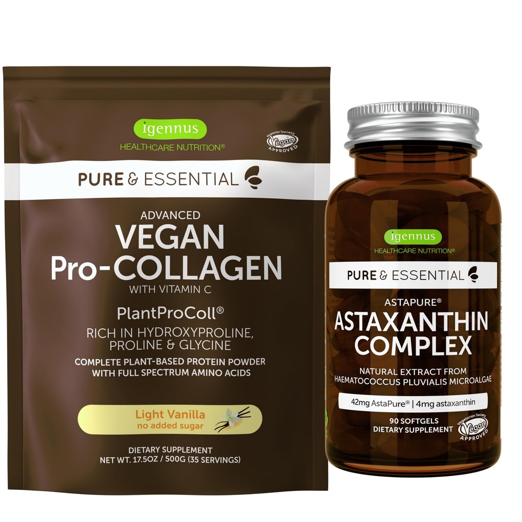 Vegan Vanilla Collagen Protein Powder + Astaxanthin Complex Vegan Bundle, Collagen Boosting Formula + Natural 4mg H. Pluvialis Astaxanthin für Haare, Haut und Nägel, von Igennus