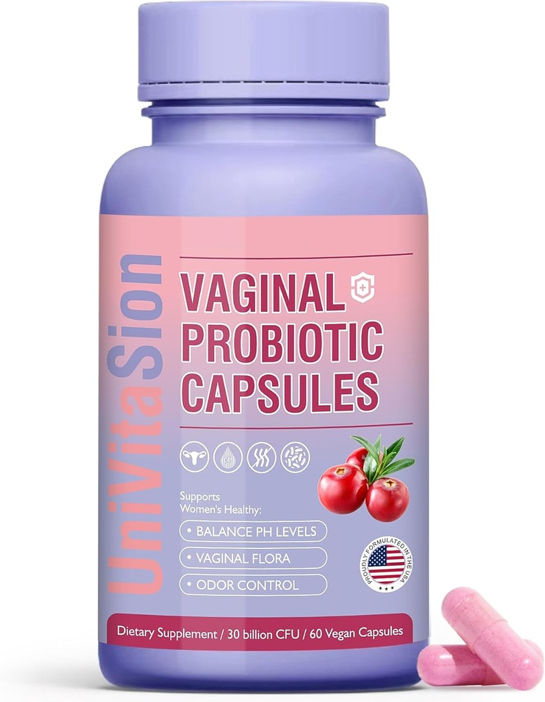 UniVitaSion Vaginal Probiotics für Frauen pH Balance, Lactobacillus Prebiotic Complex, Cranberry Extract, D-Mannose für Vaginal Health Flora, Vaginal Odor Control - 30 Billion CFU, 60 Kapseln