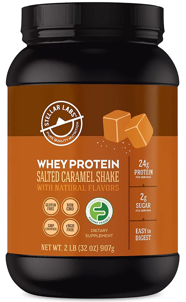 Stellar Labs Whey Protein Pulver mit BCAA's & Whey Isolate | Zertifiziert Low FODMAP, Non GMO, Glutenfrei, Soy Free, Low Carb, Keto, mit Stevia | Alle natürlichen Lean Post Workout Shakes | Gesalzene Karamell