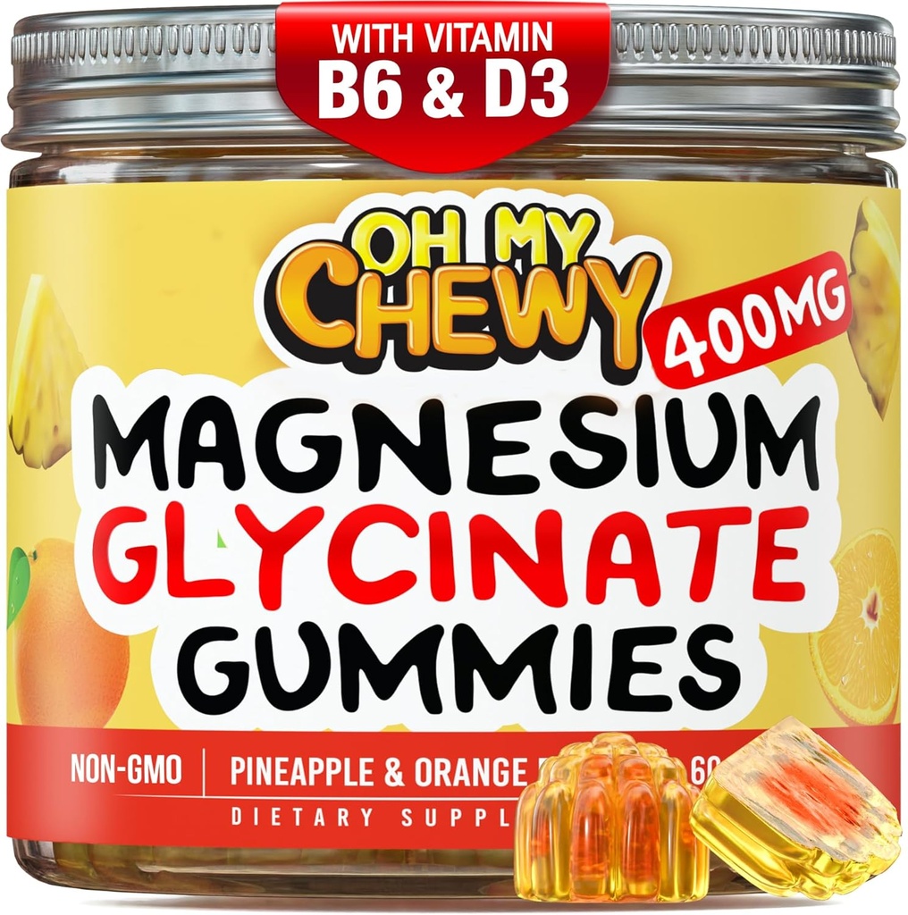 Center-Filled Magnesium Glycinate Gummis 400MG - Hohe Absorption für Kinder, Jugendliche & Erwachsene - Zuschlag für Schlaf, Beruhigung und Muskelentspannung mit B6 & D3 - Glutenfrei & Vegan freundlich - 60 Zähler
