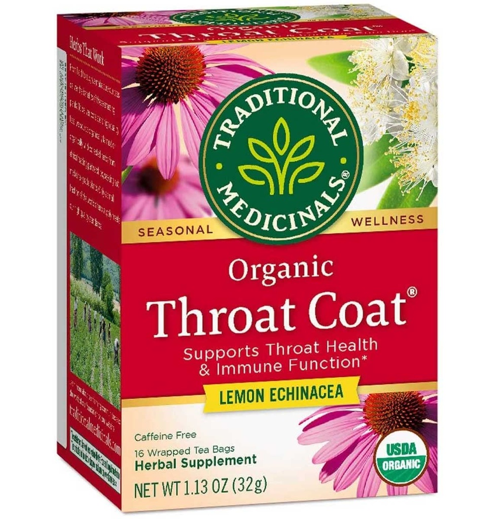 Médicaments traditionnels Manteau de gorge biologique Lemon Echinacea Herbal Tea, soutient la santé de la gorge (16 comte (paquet de 2))