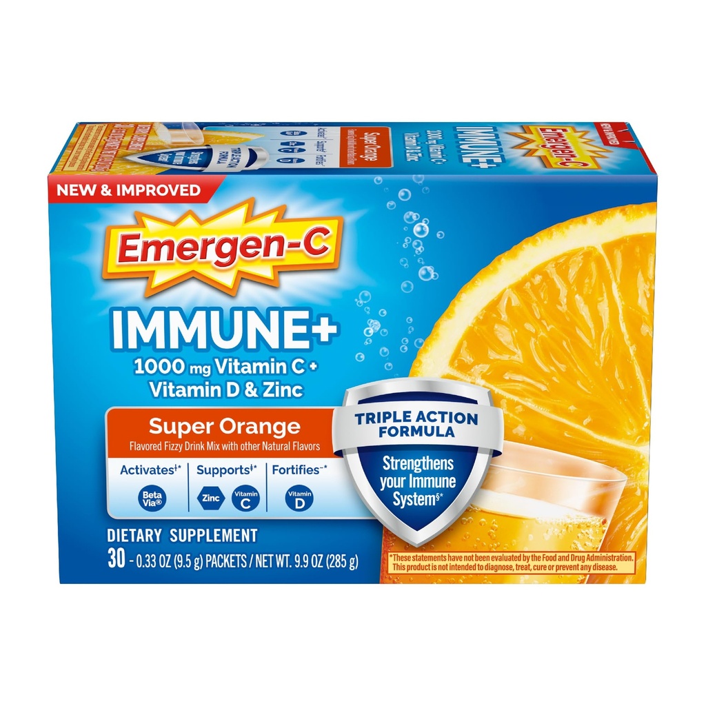 Emergen-C Immune+ Triple Action Imune Support Poudre, BetaVia (R), 1000mg Vitamine C, B Vitamines, Vitamine D et Antioxydants, Super Orange, Retour à l'essentiel de l'école – 30 Compte