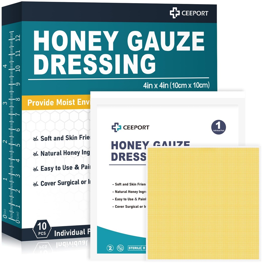 Honig Gauze Wund Dressing, 4" x 4" Manuka Honig Wound Care, Medizinische Grad Honig Bandagen für Wund Pflege, Honig Patch für schnellere Heilung von Burns, Abrasionen, Schnitte und Scalds (Pack von 10)