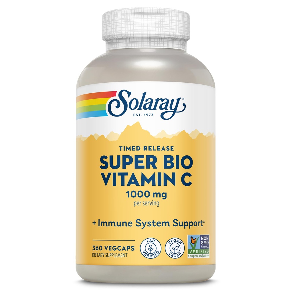 SOLARAY Super Bio Buffered Vitamin C 1000mg, Zweitage, Timed Release Vitamin C mit Bioflavonoiden, Immununterstützungsergänzung - hohe Absorption, Vegan, 60 Tage Garantie, 180 Portionen, 360 VegCaps 180