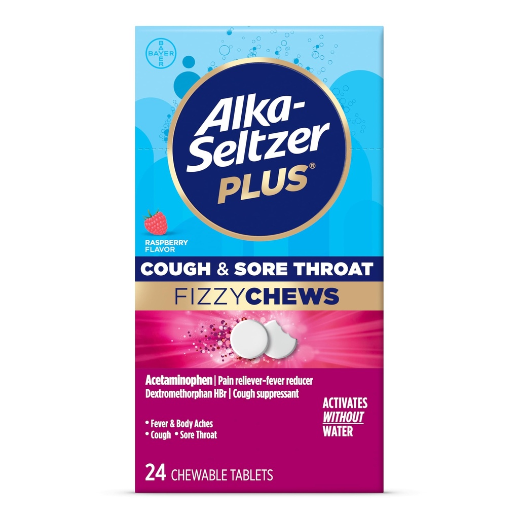 Alka-seltzer Plus Toux et mal de gorge Fizzy Chews, Pas d'eau nécessaire, On The Go Mal de gorge pour les adultes, Flaveur de framboises, 24 Comte