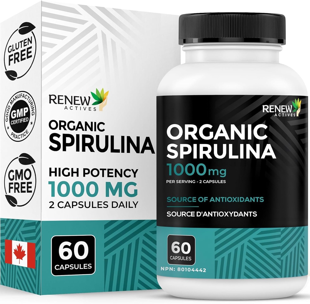 Renew Actives Bio Spirulina 1000MG pro 2 Kapseln – Superfood für Herren & Frauen – Unterstützt Energie, Wellness & Immunfunktion – Reich an Antioxidantien & Nährstoffen – Made in Canada – 60 Kapseln