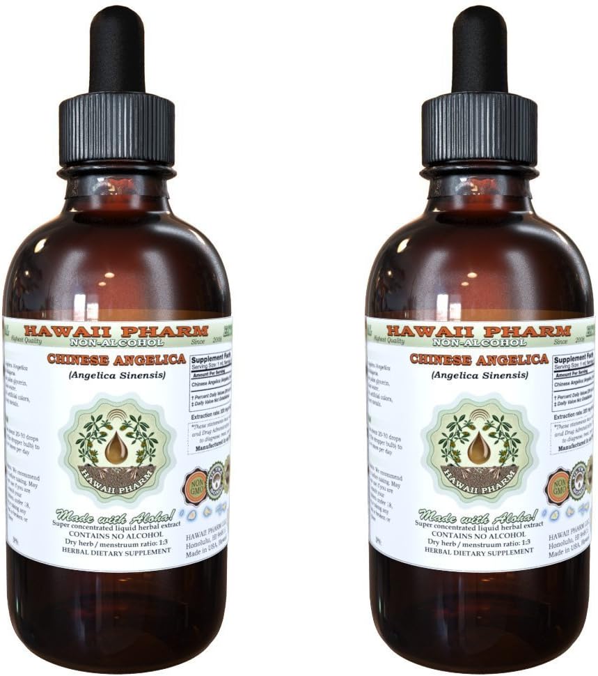 Angelica Chinese Extrait liquide sans alcool, Angelica biologique (Angelica Sinensis) Glycérite séchée à la racine Hawaii Pharm supplément naturel à base de plantes 2x2 oz