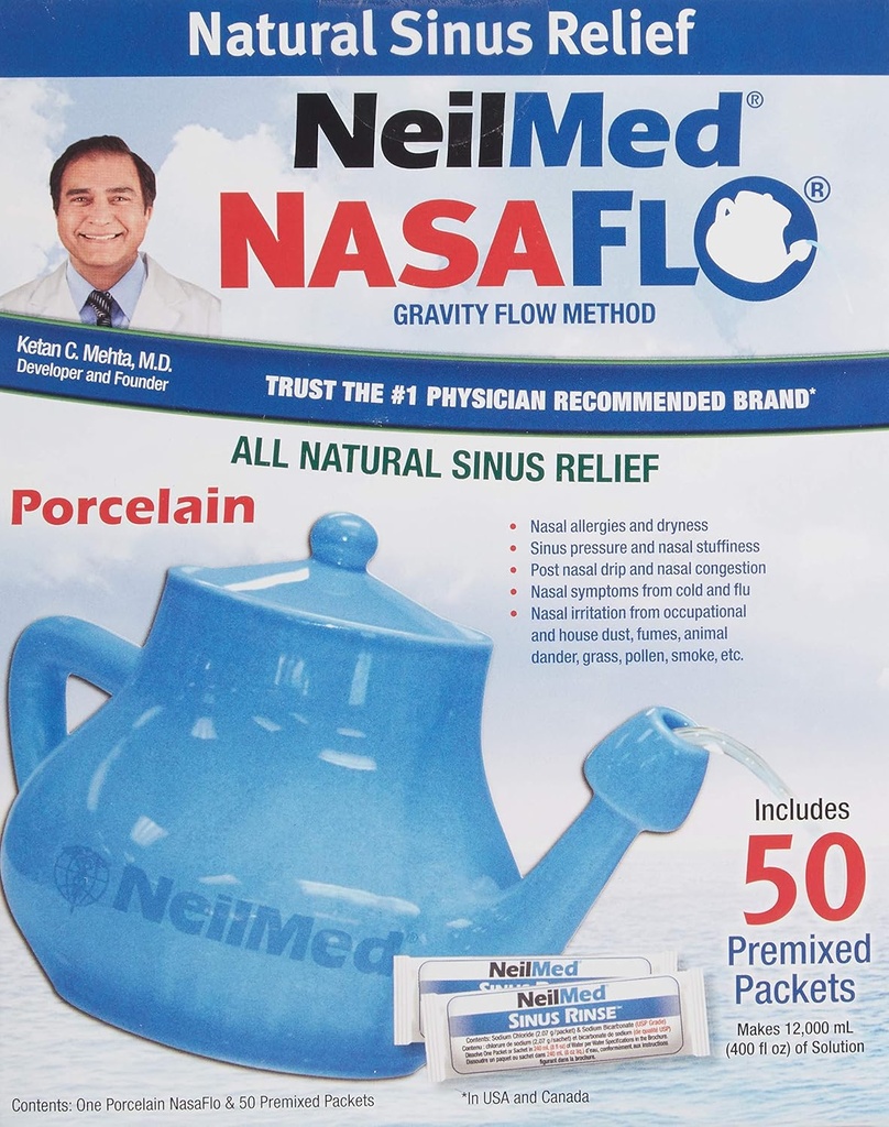 NeilMed Nasaflo Porcelaine Neti Pot, 50 Compte (l'emballage peut varier)