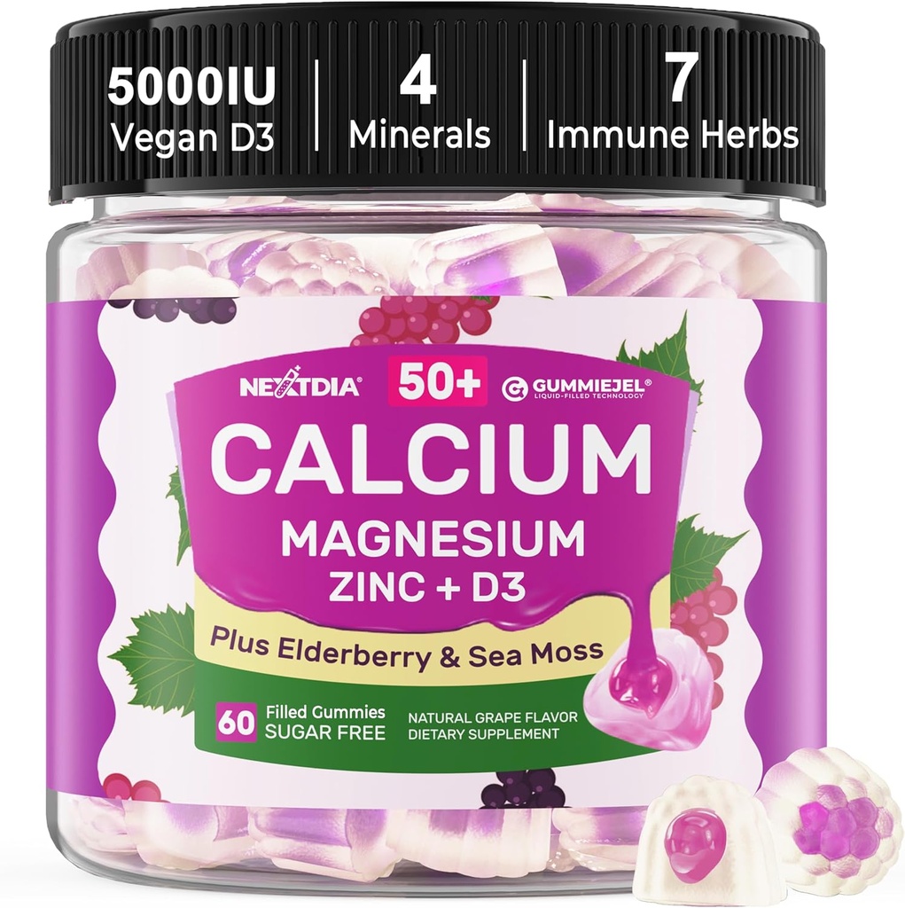 Calcium Supplements Gummies for Women & Men 50+, Calcium Citrate 1000mg with Vitamin D3, Magnesium, Zinc, Elderberry, High Absorption Calcium Chews for Bone Density, Relax Muscle, Immune, Vegan 60cts