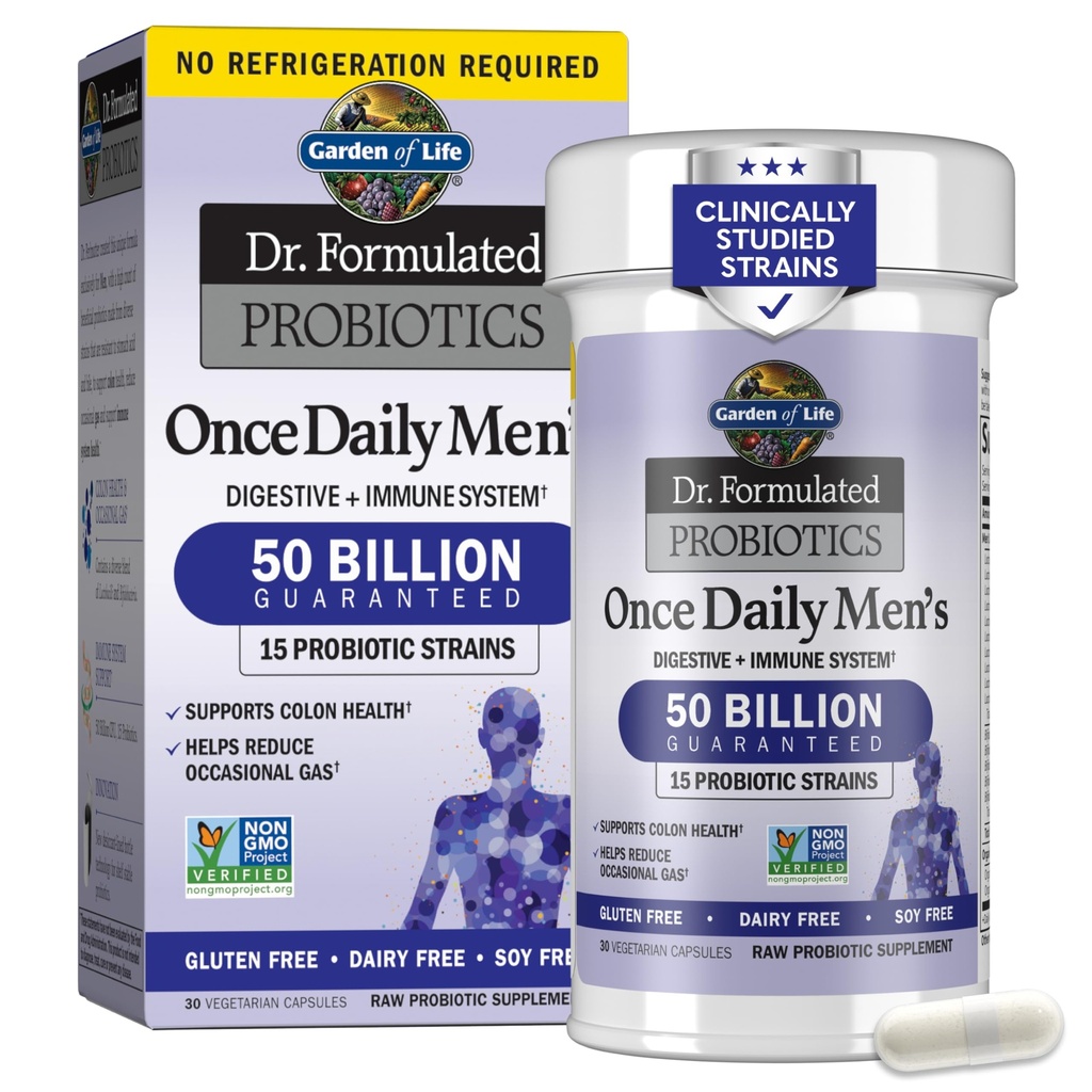 Jardin de la vie Probiotiques pour les hommes, Dr Formulé 50 Million CFU 15 Probiotiques pour la santé digestive + Prébiotique biologique Fibre, Colon et soutien immunitaire, Relief quotidien de gaz, Étagère stable, 30 Capsules