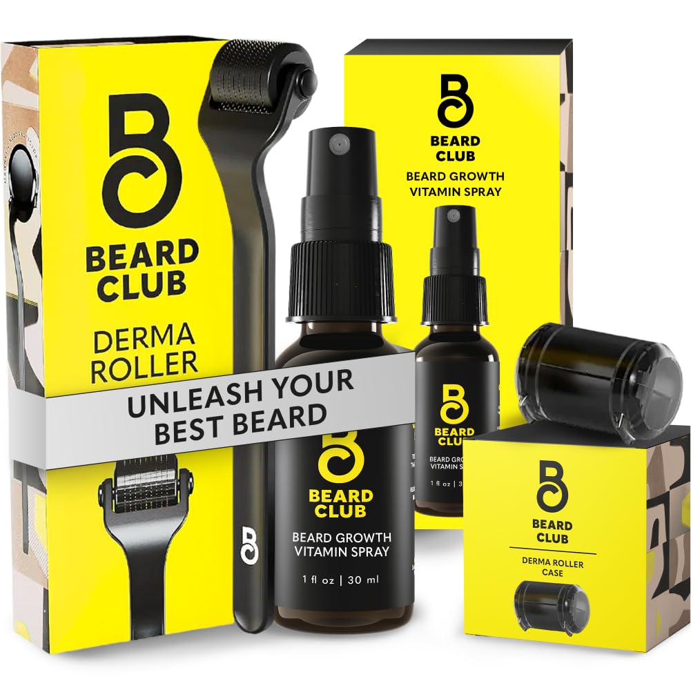 Bard Club Premium Derma Roller & Biotin Beard Growth Vitamine Spray - Microneedle Roller pour les hommes et les femmes avec 540 Microneedles Titanium - Bard Roller & Bead Oil pour le visage, le corps et le scalp