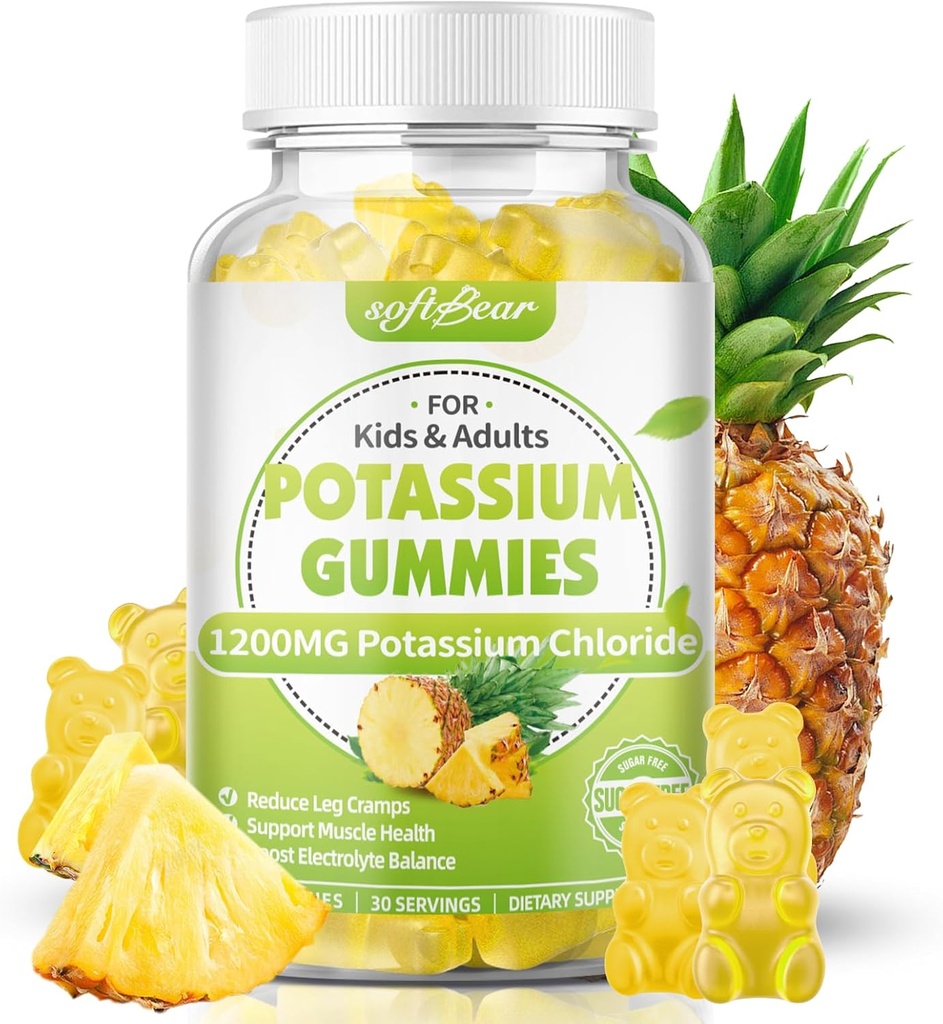 softbear Kalium Chloride Gummi 1200mg, Sugar-Free Kalium Gummi für Erwachsene unterstützen Leg Kramps High Potency Kalium Chloride Supplement, Ananas Flavor 60 Count