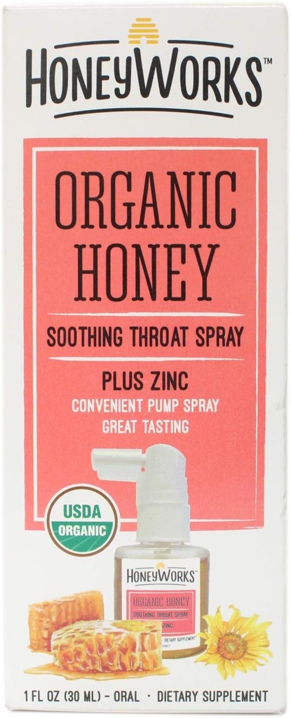 HoneyWorks Vaporisateur de gorge adulte pour soulager la gorge, 1 oz, apaisant non-OGM USDA Miel foncé biologique + zinc, soulagement rapide, 12 ans et plus