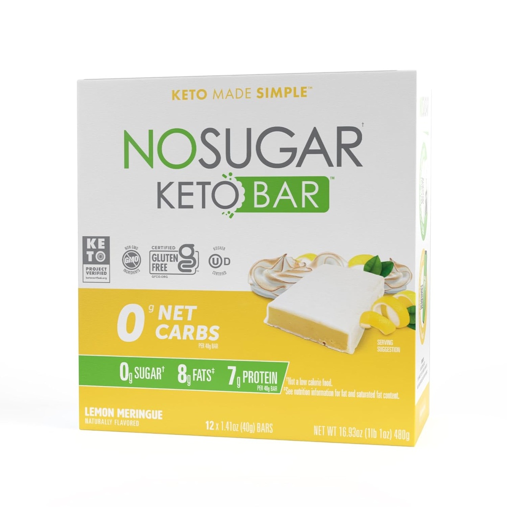 No Sugar Keto Bar Snacks - Lemon Meringue Saveur - Faible Carb Pas de sucre Keto Snack Food Bar avec des macros sympathiques Keto, 0g Net carb, 7g Protéines végétales, 8g Gras sain, sans sucre (0g) - 12 barres