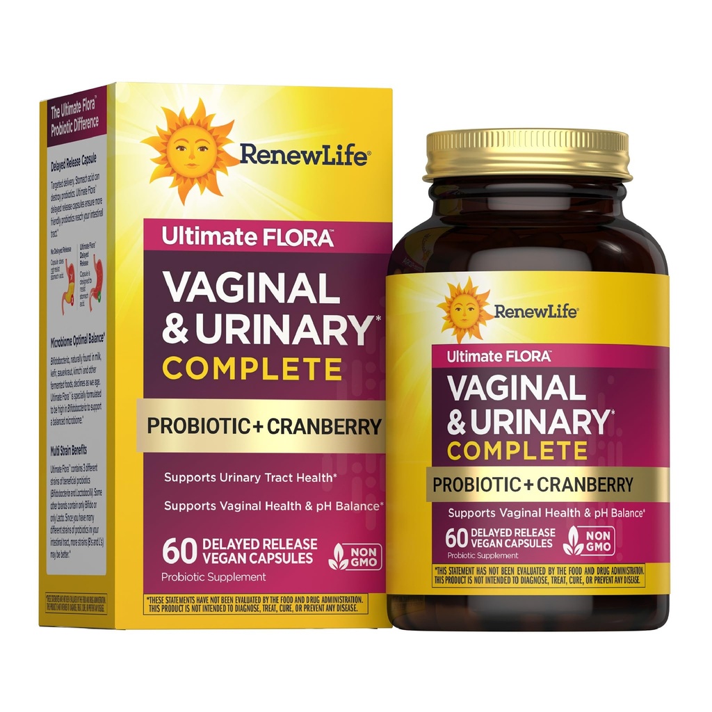 Renouveler le bien-être des femmes Probiotique vaginal et urinaire et supplément aux canneberges, supplément probiotique pour l'équilibre du pH pour les femmes, santé digestive, laiterie, soja et sans gluten, 3,5 milliards CFU 60 Ct