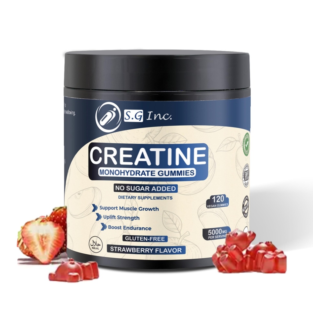 S.G Monohydrate de créatine Gommies pour hommes et femmes - Sans sucre - Vegan - 5g Créatine pour le soutien musculaire - Pré-travailler des suppléments à mâcher pour stimuler l'énergie - Saveur de fraise 120ct Gommies.