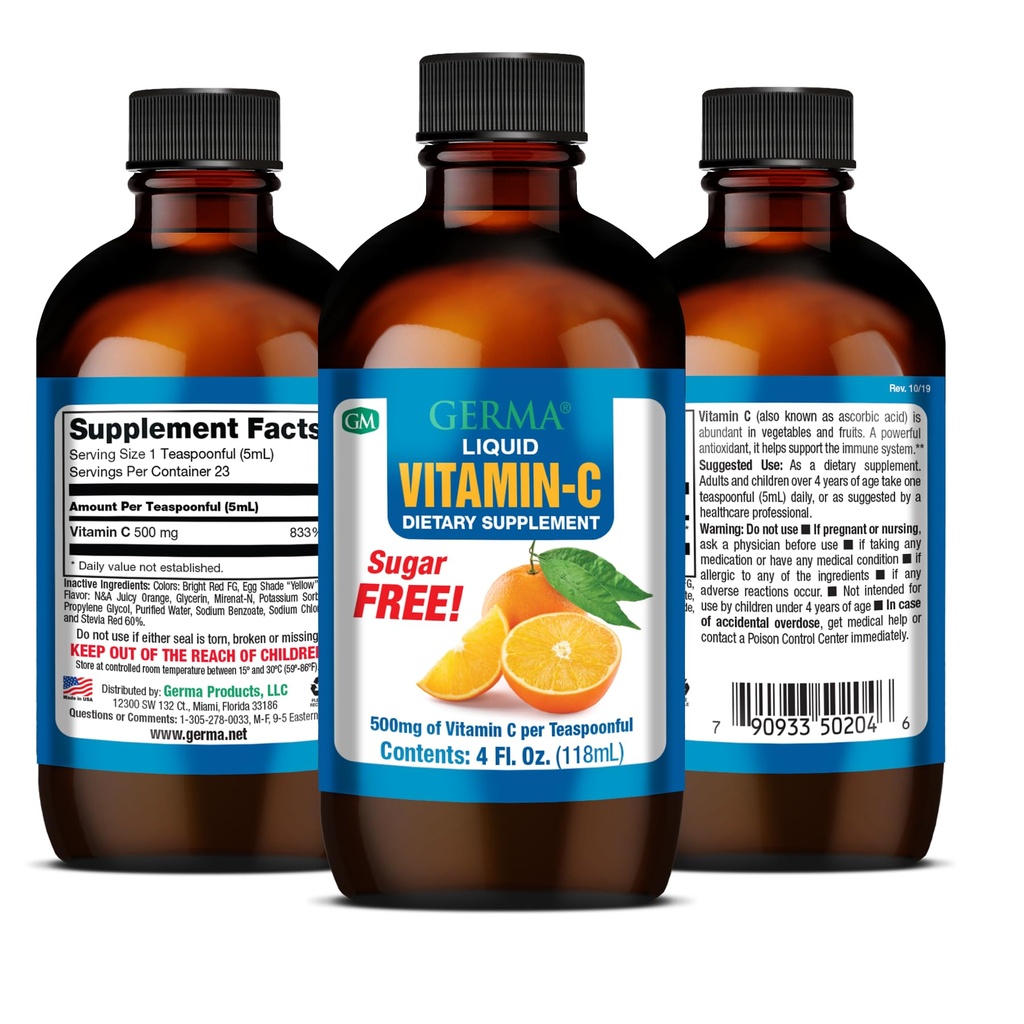 Germa Sugar-Free Liquid Vitamin C. 500 mg. Fast Absorption Nahrungsergänzungsmittel. Immunsystem Booster. 4 oz / 118ml