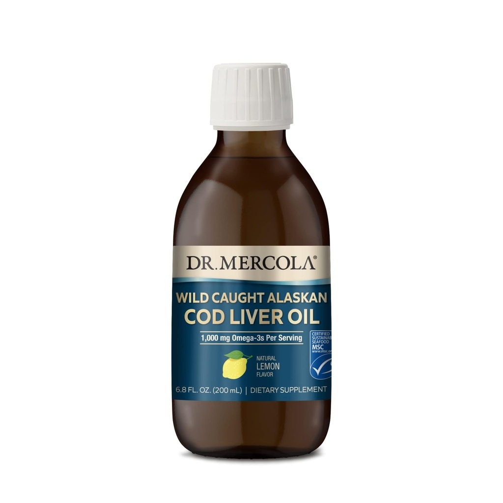 Dr. Mercola Wild Caught Alaskan Cod Liver Oil, 6.8 Fl. Oz. (200 mL), 40 Servierungen, 1.000 mg Omega-3s pro Servierung, Nahrungsergänzung, Unterstützt Gehirn- und Kognitive Funktion, Non-GMO, MSC zertifiziert