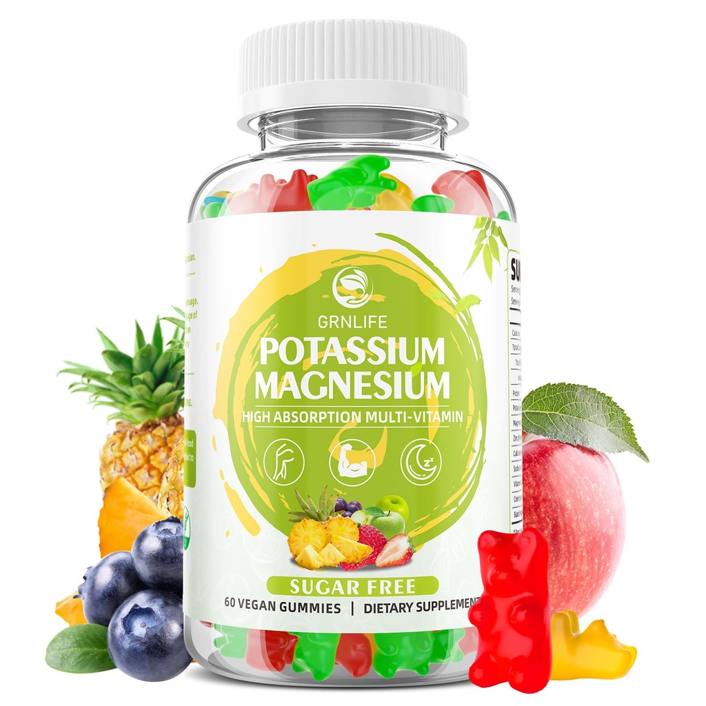 Supplément de magnésium de potassium Gommies, Gommies de potassium pour les adultes Enfants, Magnésium haute absorption Glycinate pour les crampes des jambes et la santé immunitaire, sans sucre, colorants mélangés végétaliens, 60 comte
