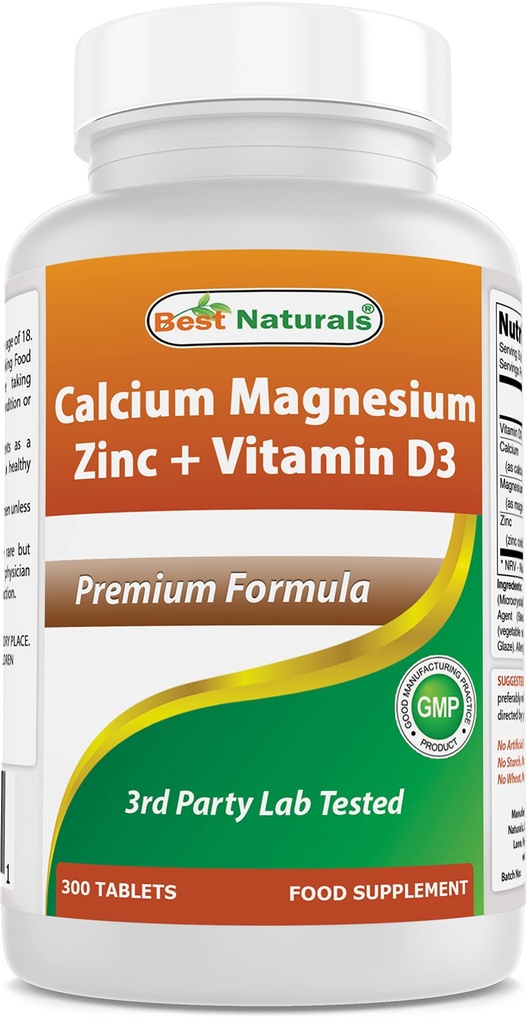 Best Naturals Calcium Magnesium Zink mit Vitamin D3, 300 Tabletten - Calcium 1000 mg, Magnesium 400 mg, Zink 25 mg & D3 600 IU pro Portion (3 Tabletten)
