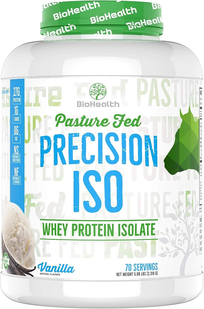 BioHealth Nutrition Precision ISO Vanille (5lb) $ 27g Pâture premium Protéine de Whey Isolate + Acides aminés $ 70 portions $ Zéro sucre $ Sans OGM