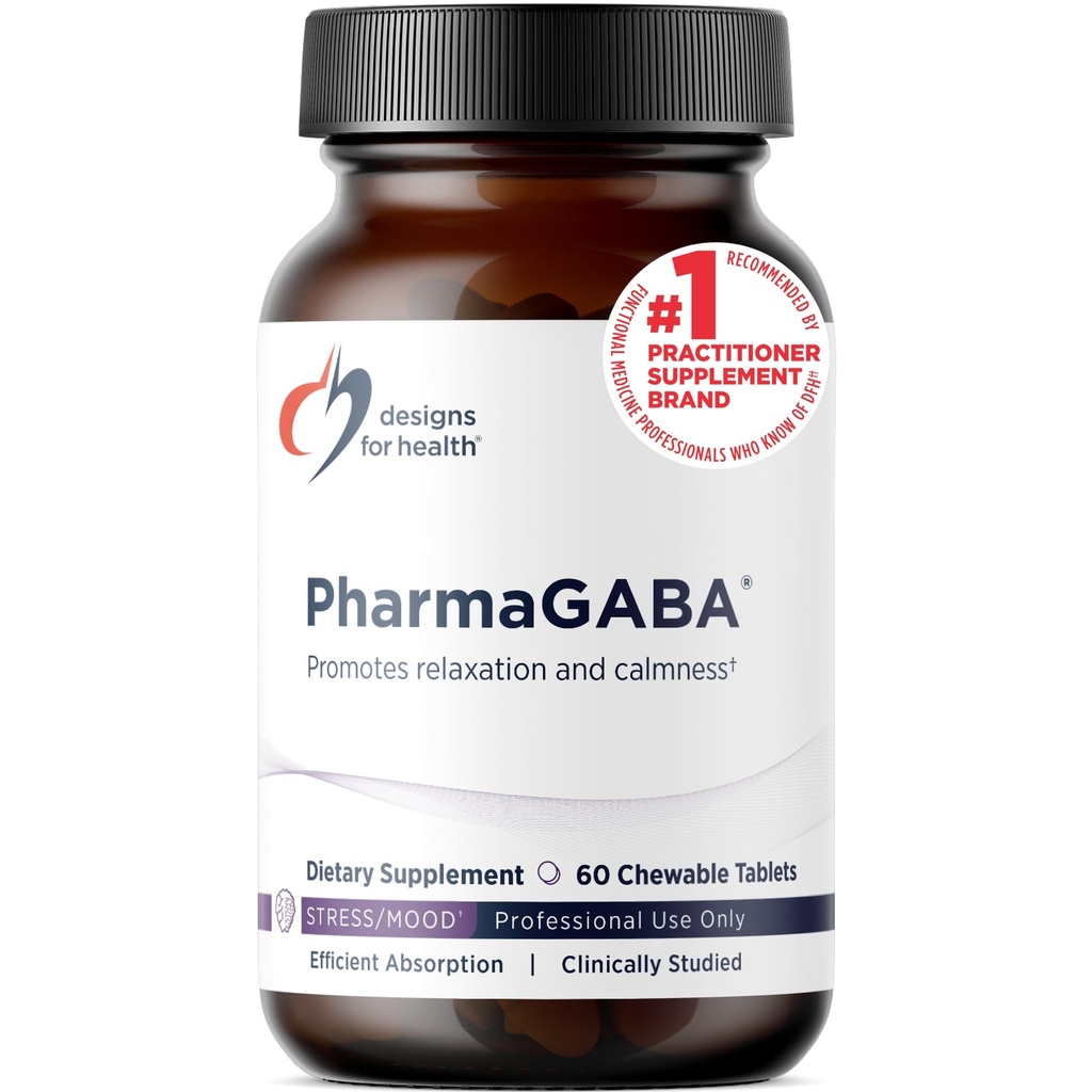 Designs für Gesundheit PharmaGABA Kaubare Ergänzung - 200mg Bioverfügbare GABA Ergänzung für Stress, Stimmung, Immungesundheit & Schlafunterstützung - Vegan, Glutenfrei & Nicht-GVO (60 Tabletten)