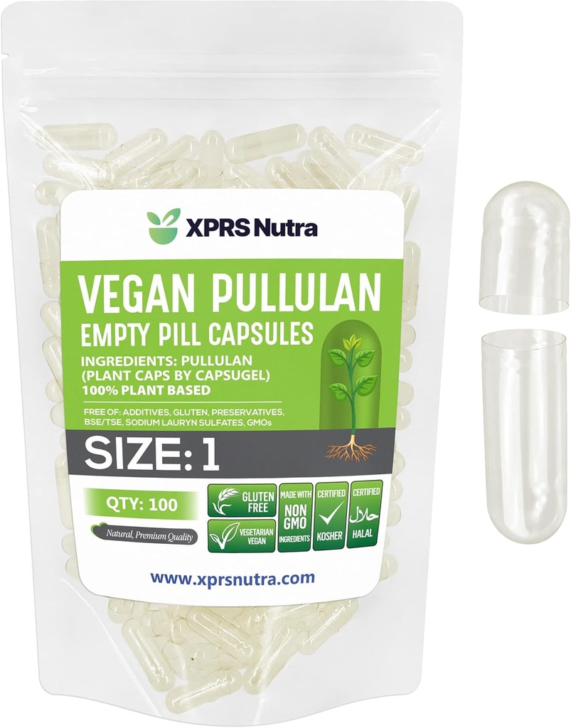 XPRS Nutra Größe 1 Pullulan Empty Capsules - 100 Count Clean Label Plantcaps Clear Empty Vegan Capsules - Premium Vegetarische Pillen - Do-It-Yourself Gemüse Kapselfüllung