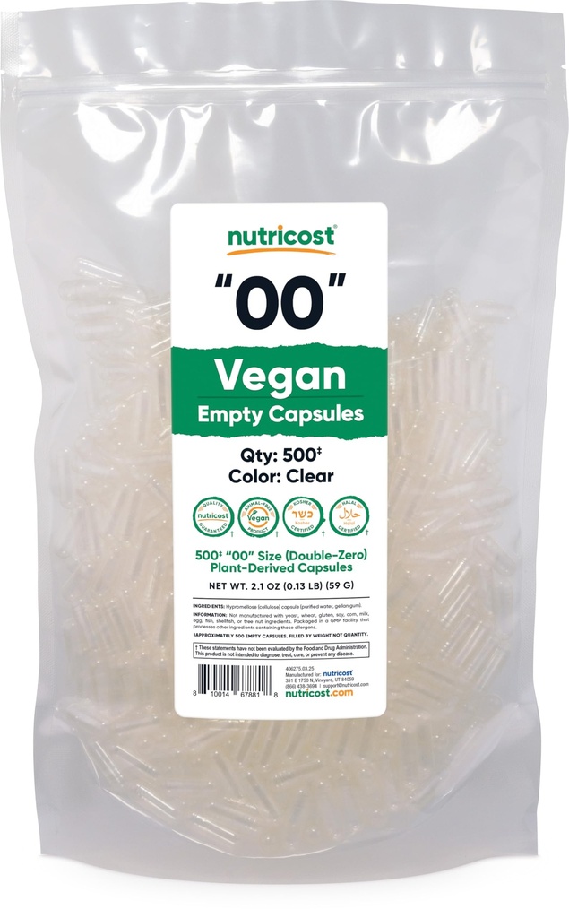 Nutricost Capsules vides Taille 00 Vegan - 500 Capsules vides claires à base de plantes - Certifié Casher, certifié Halal, non-OGM, sans soja, sans gluten, végétarien