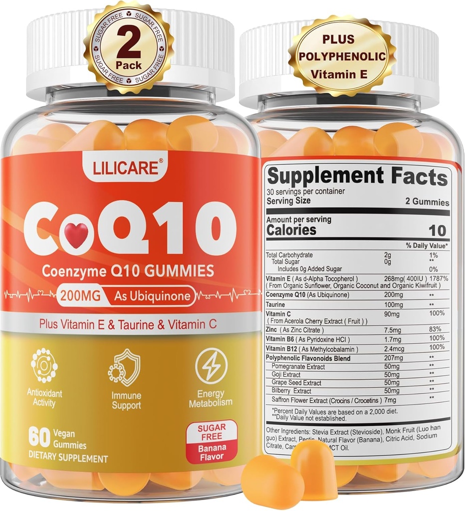 Zuckerfreie CoQ10 200mg-Gummien - Coenzym Q10 w/Taurin, Vitamin E, C, B6, B12, Zink - Hohe Absorption CoQ10-Ergänzung für Antioxidantien, Zelluläre Energie & Hörgeräte, Vegan 120 C