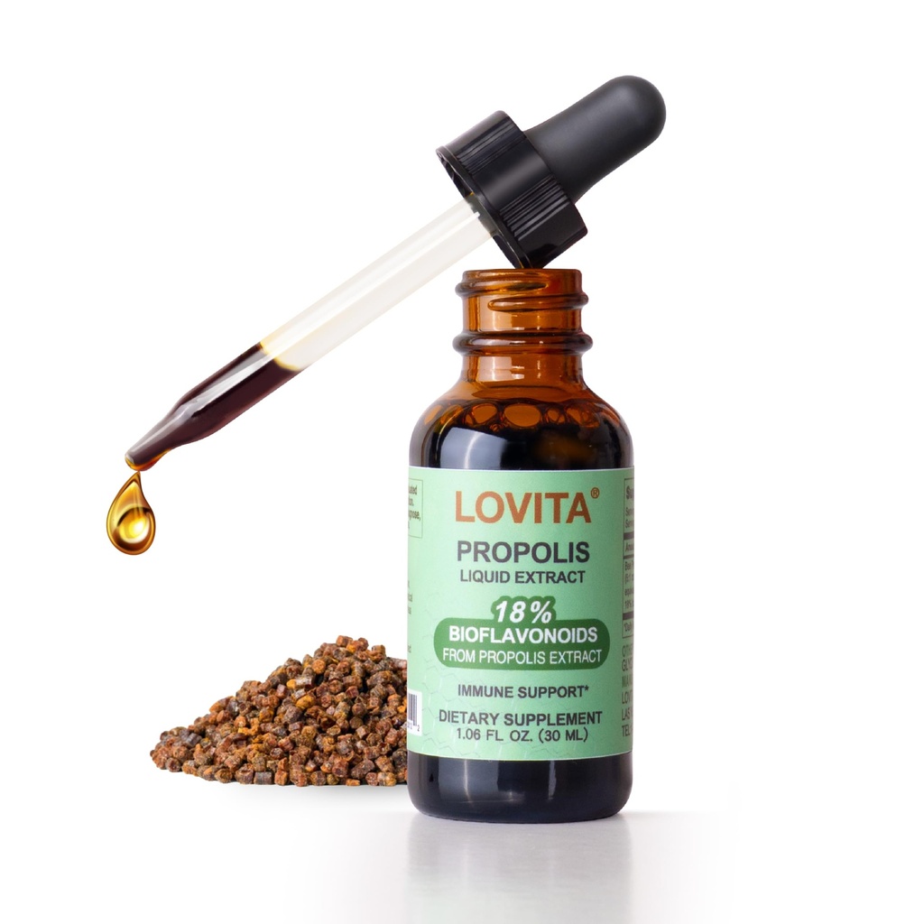 Lovita Bee Propolis Liquid Extract 500mg, 5:1 Resin Tropfen mit 18% Bioflavonoide, Alkoholfreies Antioxidans, Immununterstützung & Throat beruhigend, Glutenfrei, Non-GMO, 1 Fl Oz (30 mL), 30 Tage Versorgung
