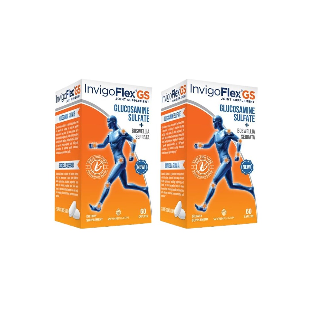INVIGOFLEX Sulfate de glucosamine (sans shellfish, sans sodium et sans danger pour les végétariens) Non OGM, sans gluten - avec Boswellia Serrata - Supplément mixte Premium GS - 2 Pack